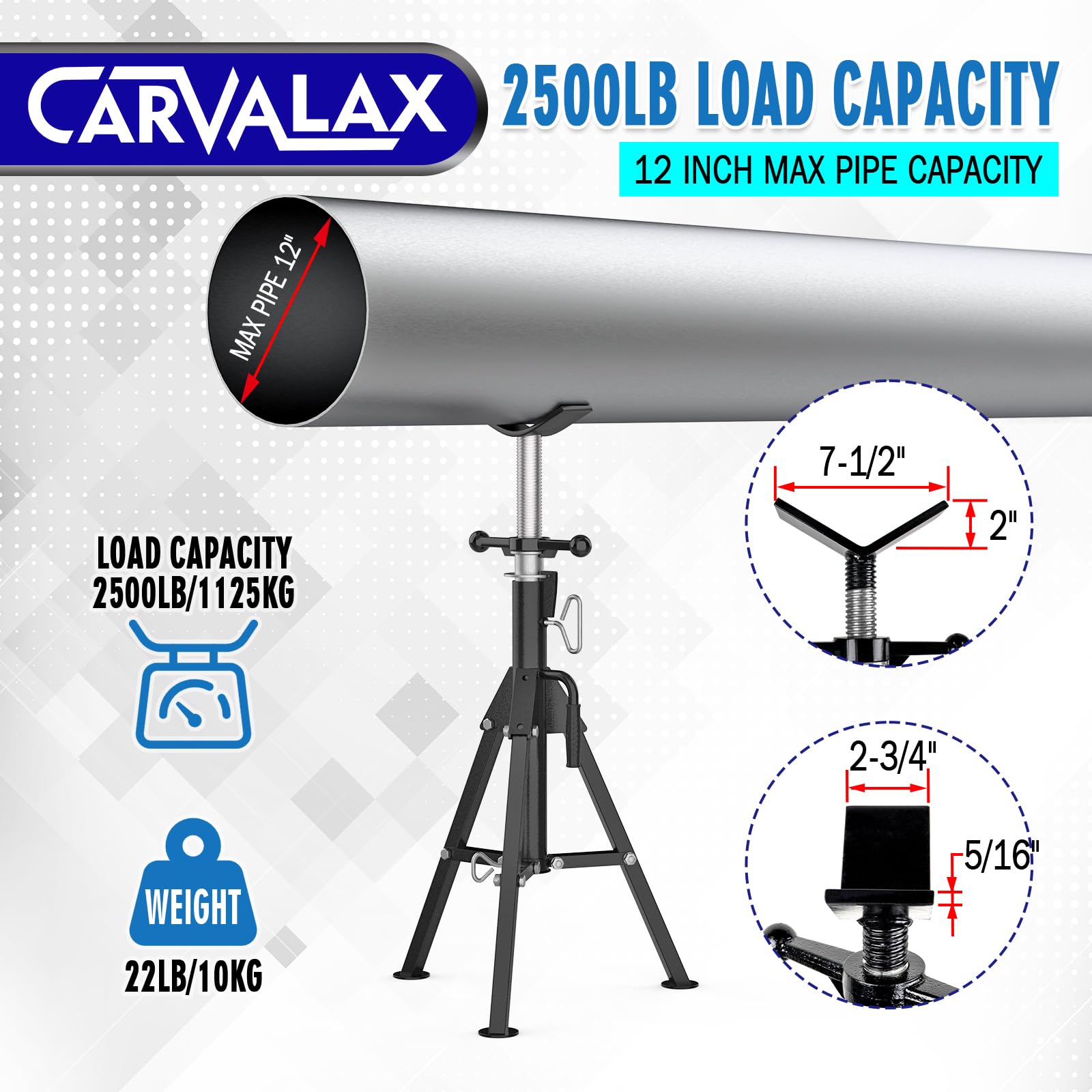 CARVALAX pipe jack stand adjusts from 28 to 52 inches for versatile setups.