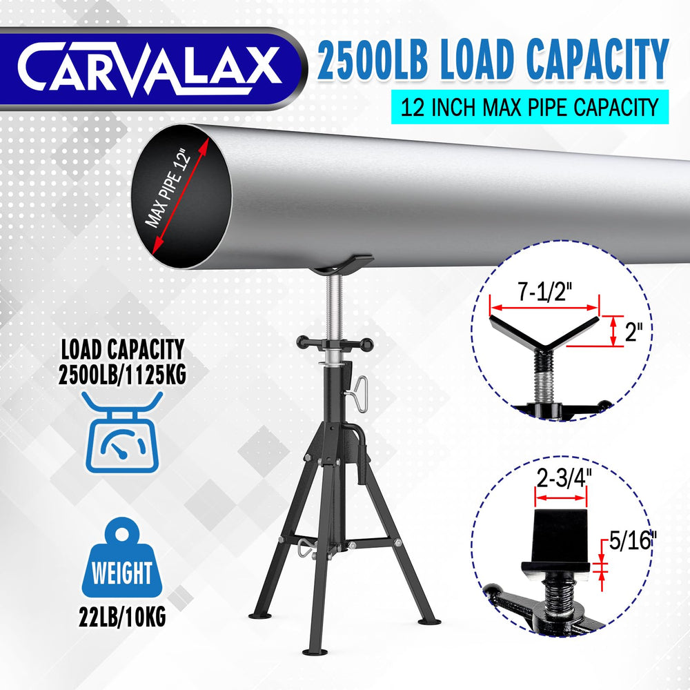 CARVALAX pipe jack stand adjusts from 28 to 52 inches for versatile setups.