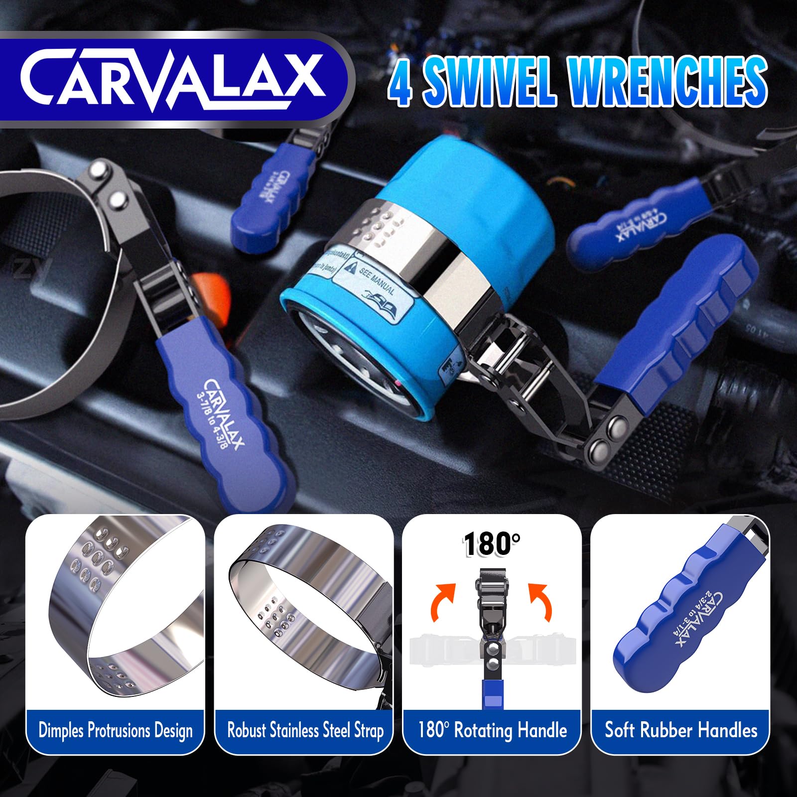 CARVALAX universal 3-jaw remover gripping various filter shapes.