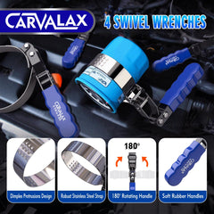 CARVALAX universal 3-jaw remover gripping various filter shapes.