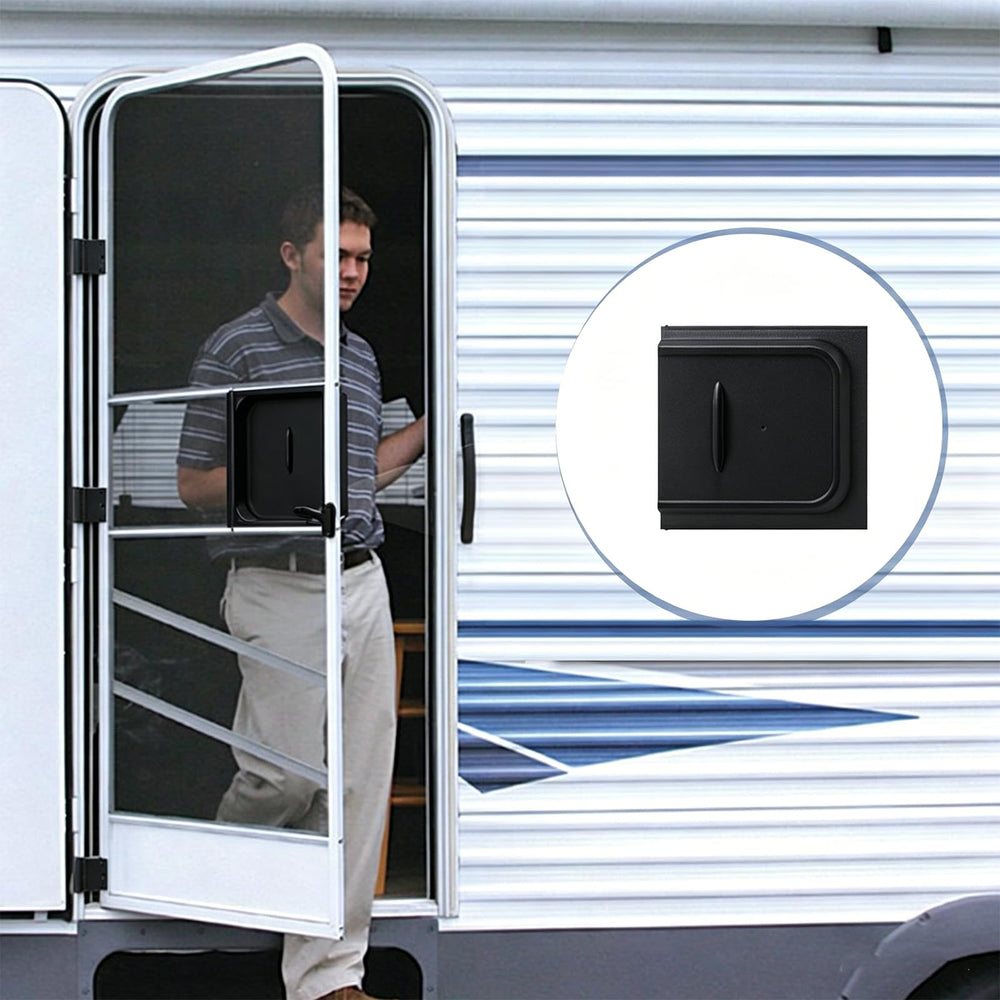 Adjustable-fit Carvmpin panel adapts to various RV door frames.