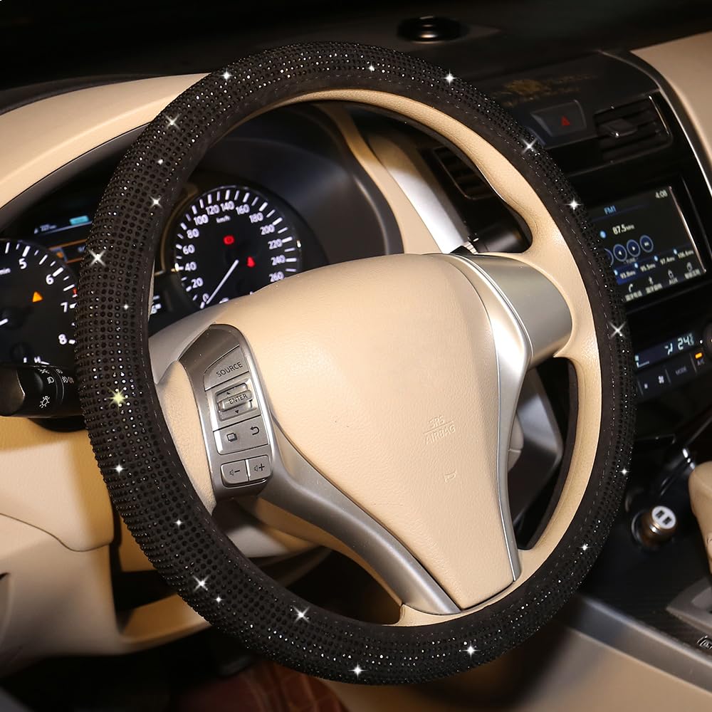 Carwales Bling steering wheel cover with black diamonds, 15 inch fit enhances interior shine.