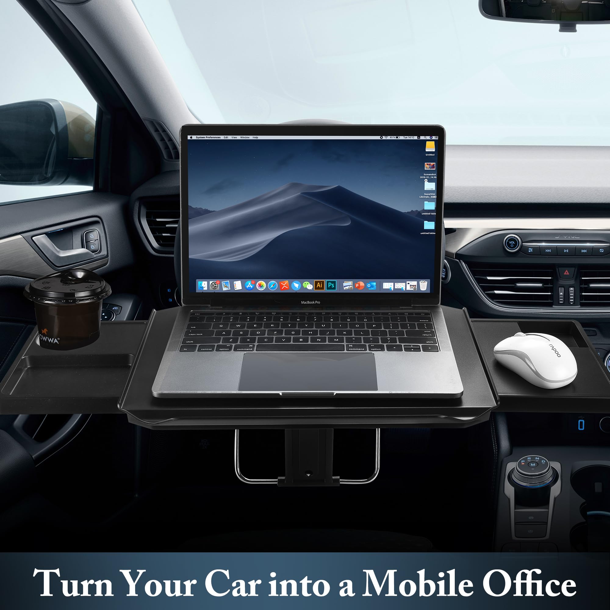 Casasara car desk with laptop setup provides a stable work surface while parked.