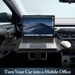 Casasara car desk with laptop setup provides a stable work surface while parked.