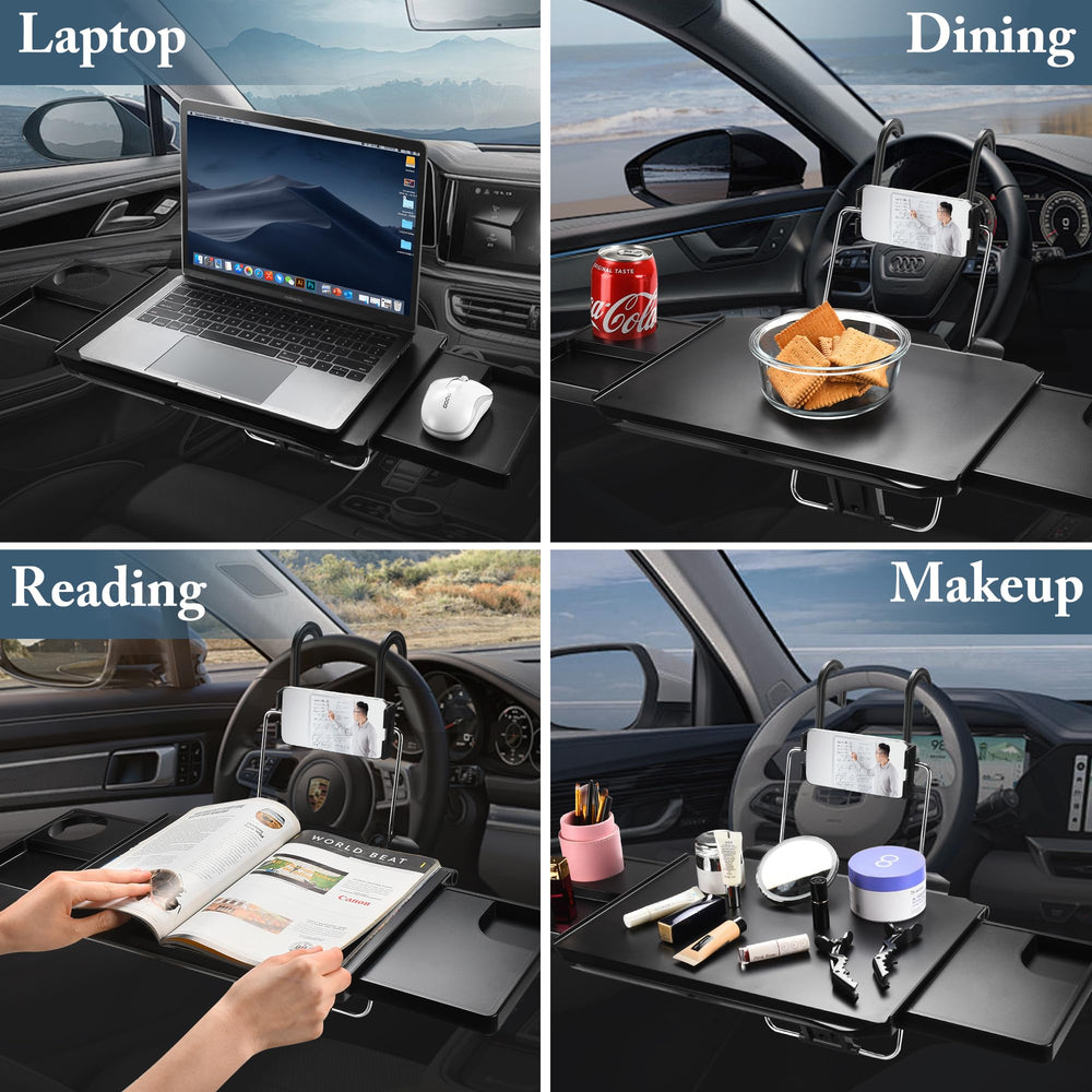Casasara steering wheel tray used as eating tray during road trips.