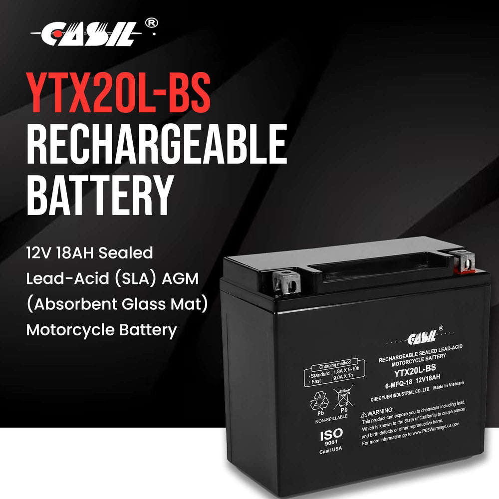 Casil YTX20L-BS battery side profile showing terminals and compact size