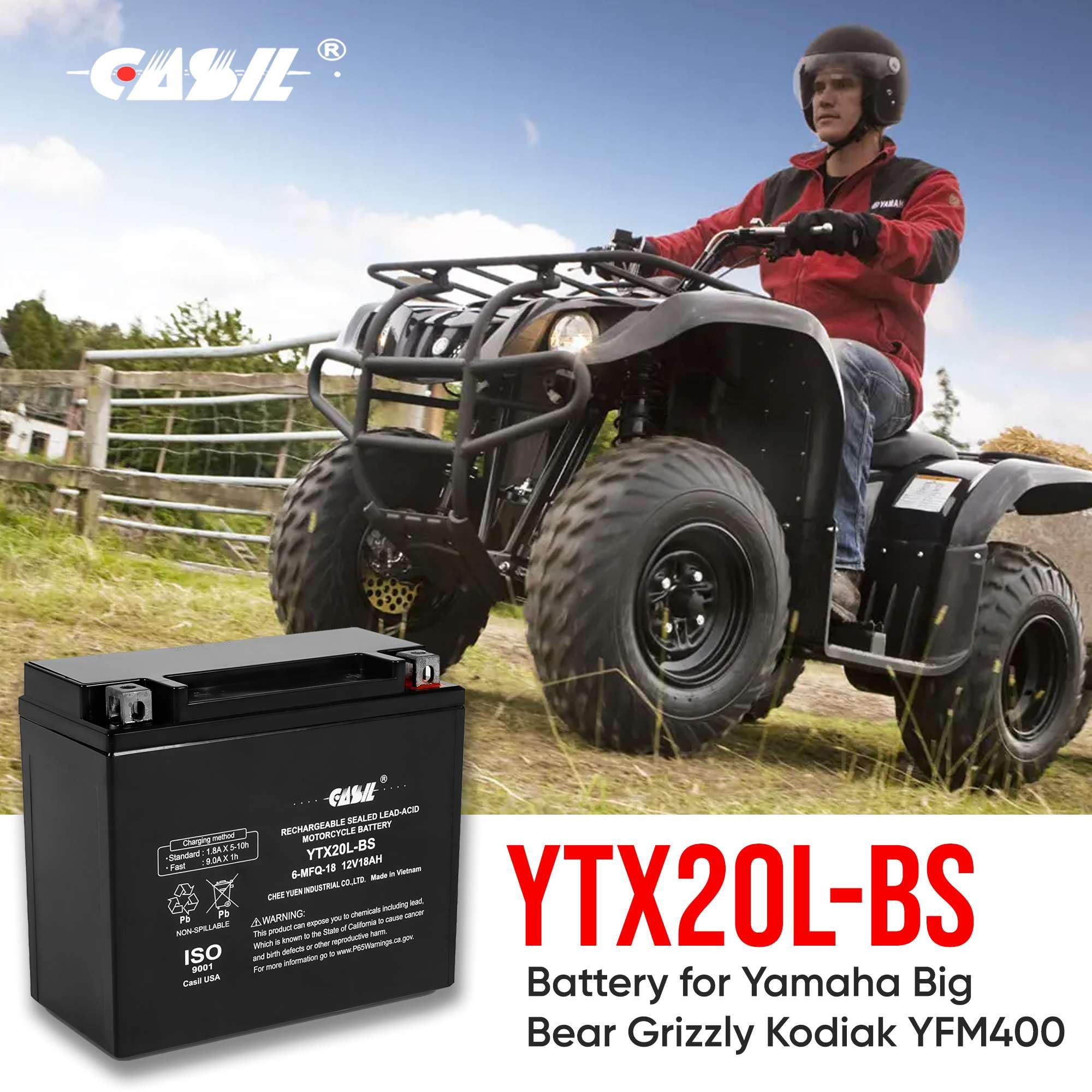 Casil YTX20L-BS battery terminal layout and AGM technology highlighted