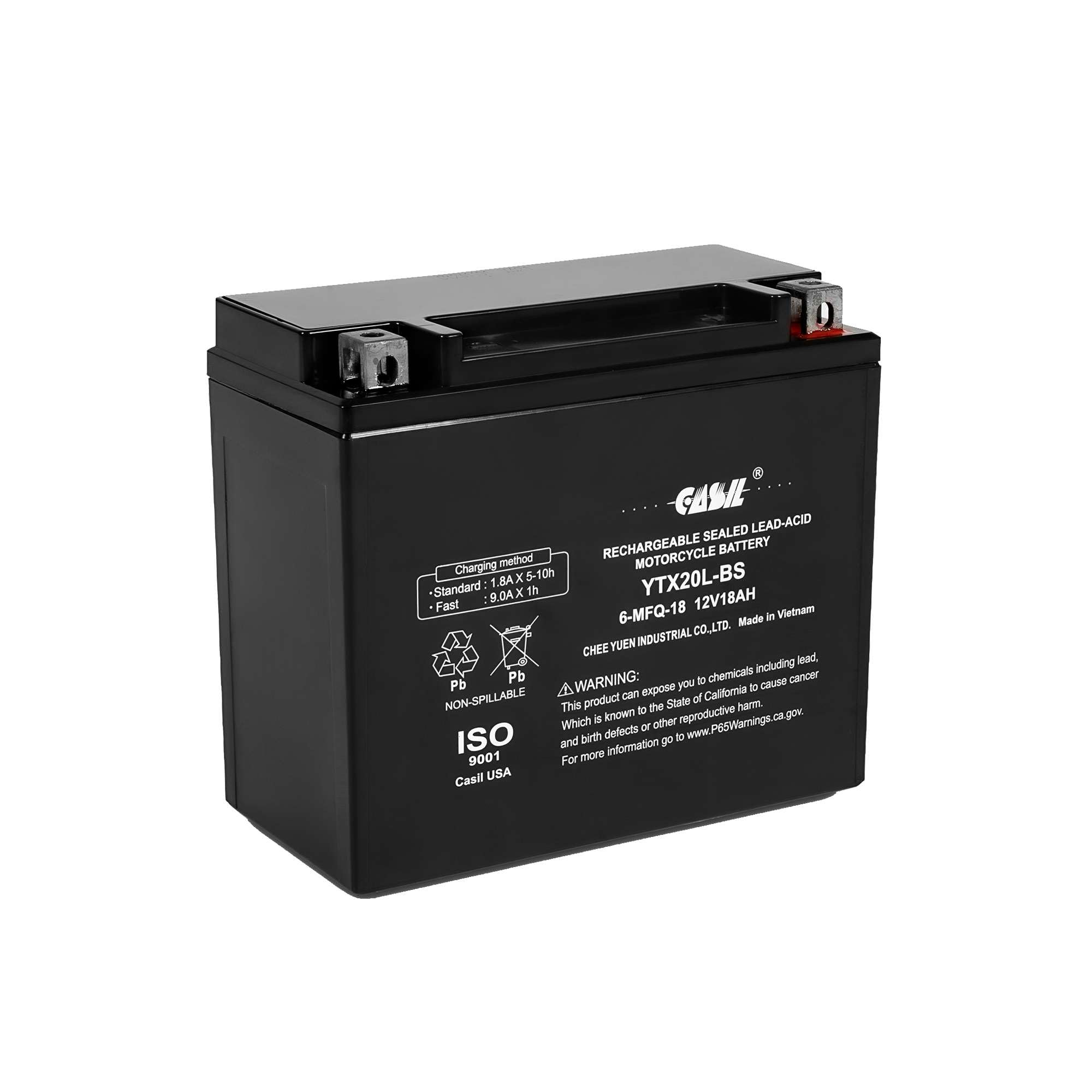 Casil YTX20L-BS battery top view with sealed AGM design for maintenance-free power