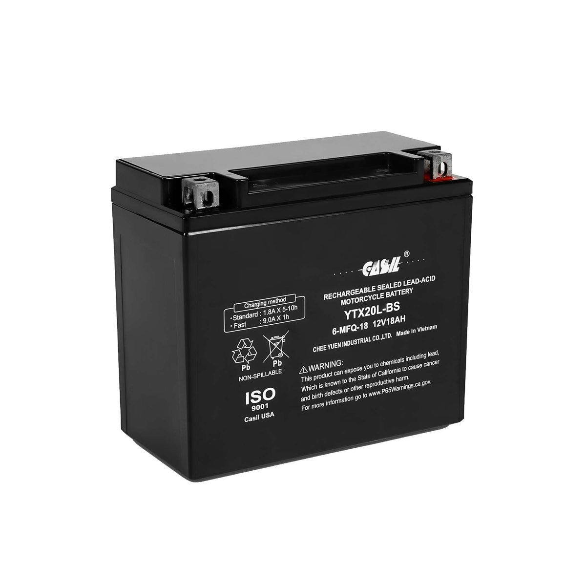 Casil YTX20L-BS battery top view with sealed AGM design for maintenance-free power