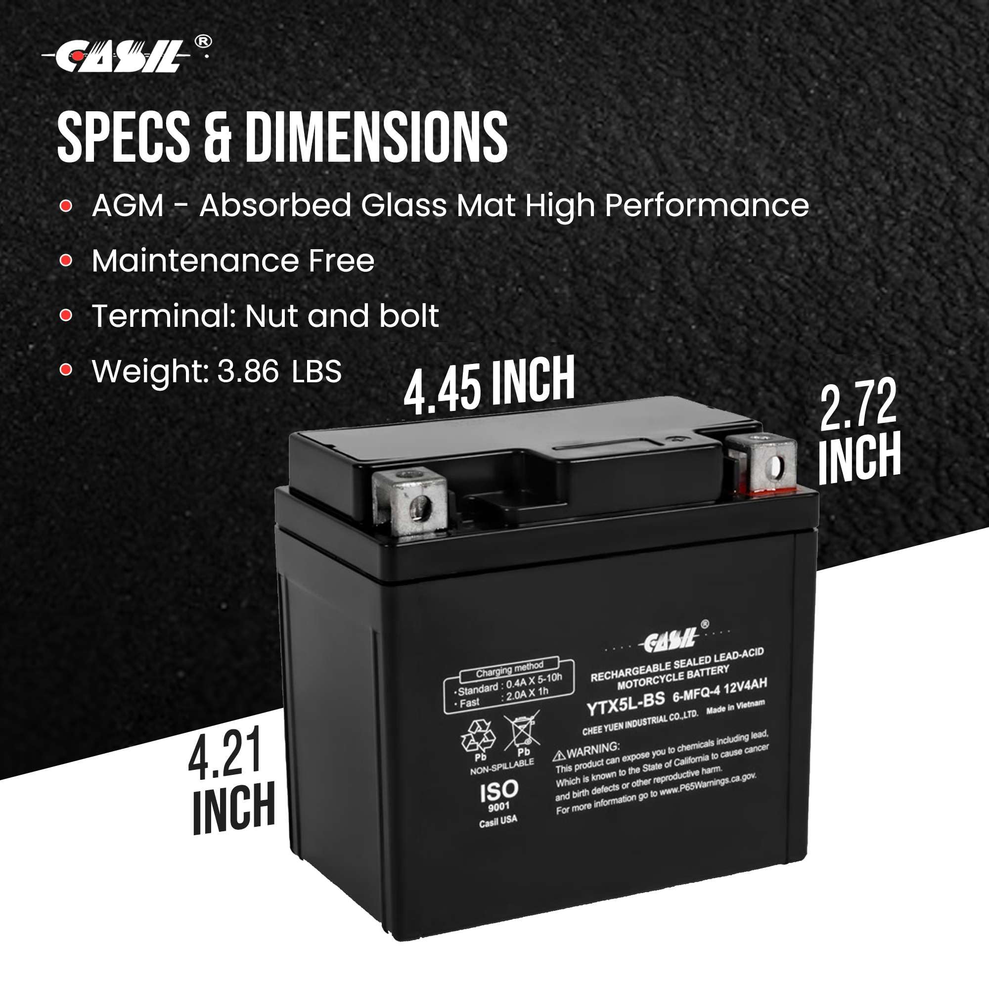 Casil YTX5L-BS sealed AGM case for spill-proof use