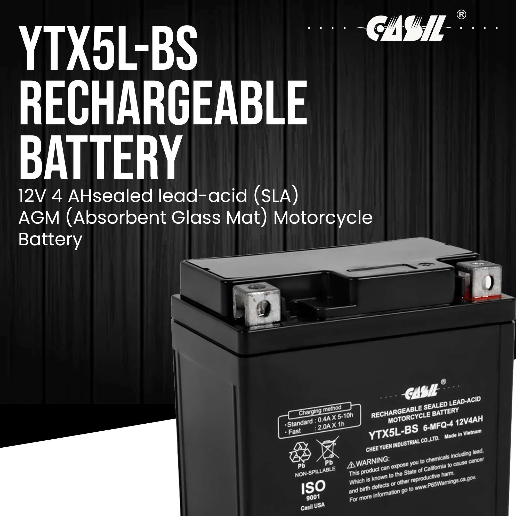 Casil YTX5L-BS battery label close-up with sealed AGM design