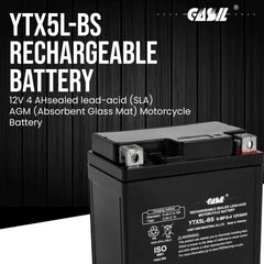Casil YTX5L-BS battery label close-up with sealed AGM design