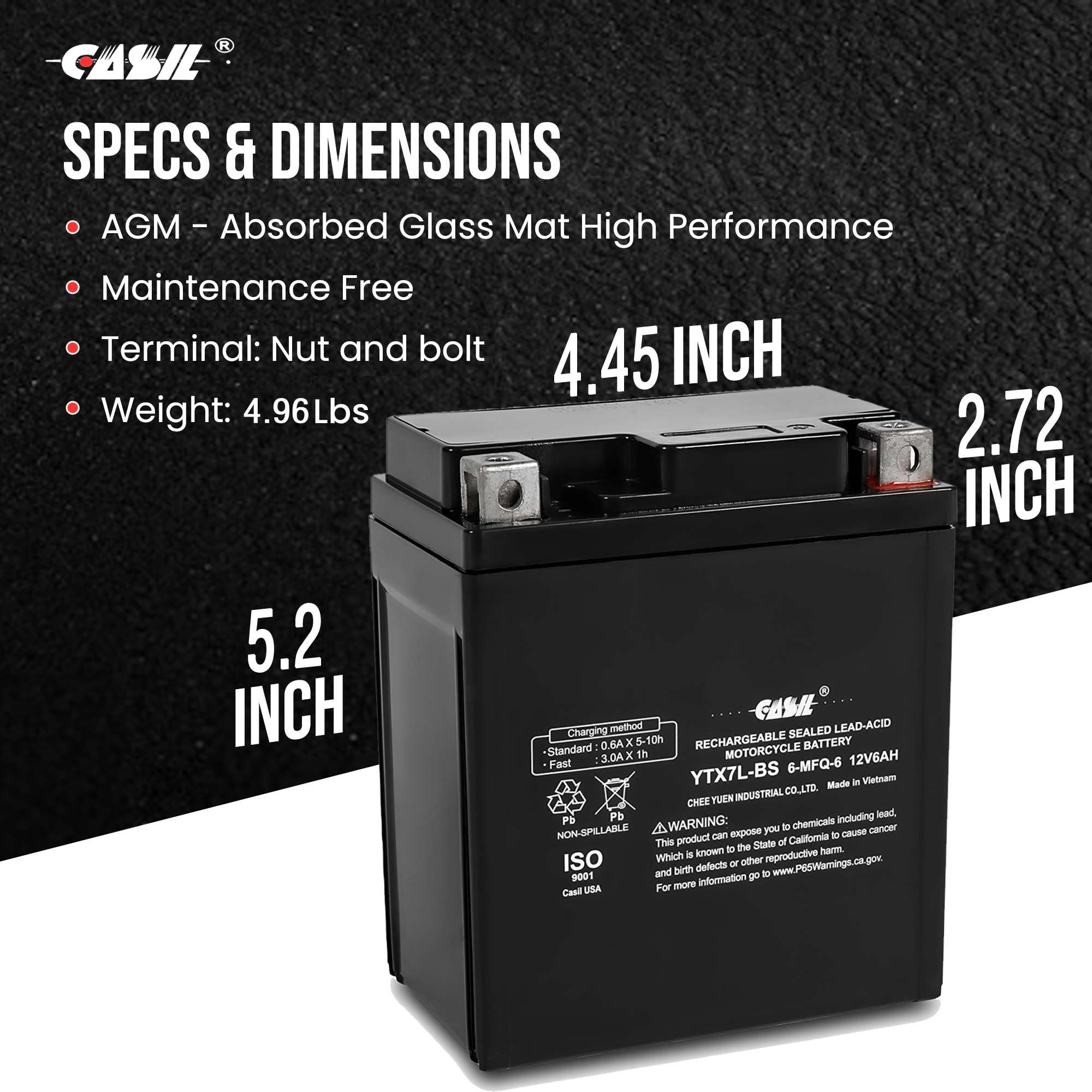 Casil YTX7L-BS 12V 7Ah battery corner detail, durable terminals