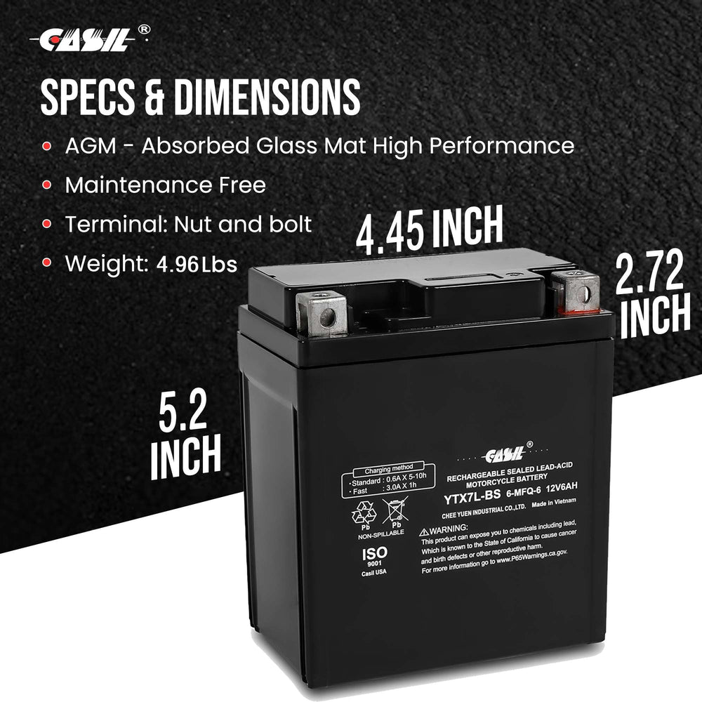 Casil YTX7L-BS 12V 7Ah battery corner detail, durable terminals