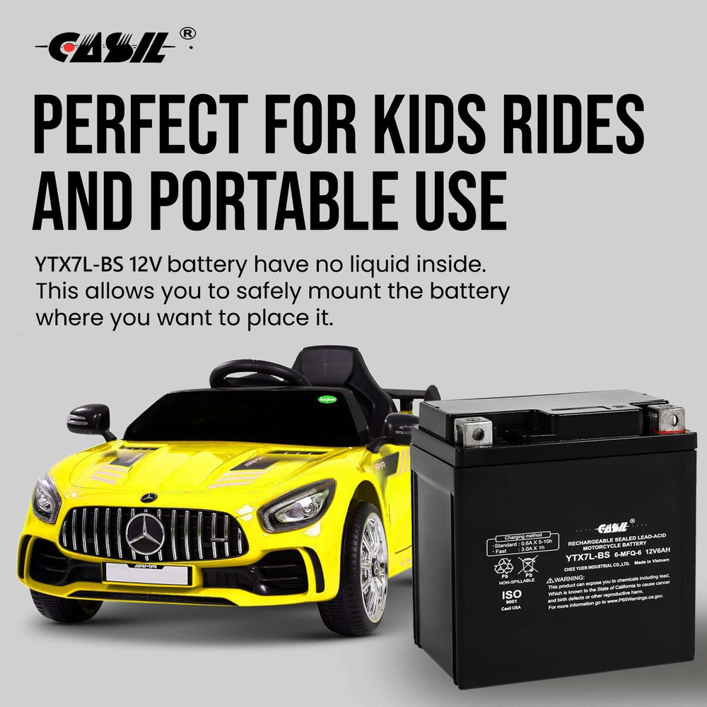 Casil YTX7L-BS 12V 7Ah battery, packaged and ready for installation