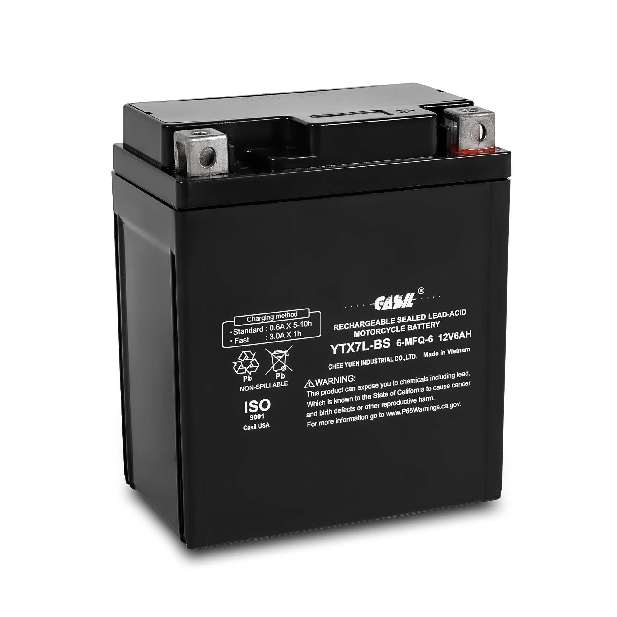 Casil YTX7L-BS 12V 7Ah battery side view, reliable motorcycle power in all conditions