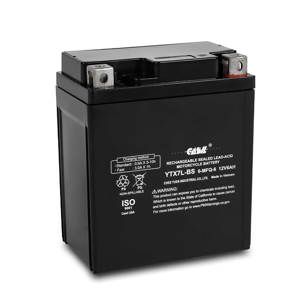 Casil YTX7L-BS 12V 7Ah battery side view, reliable motorcycle power in all conditions