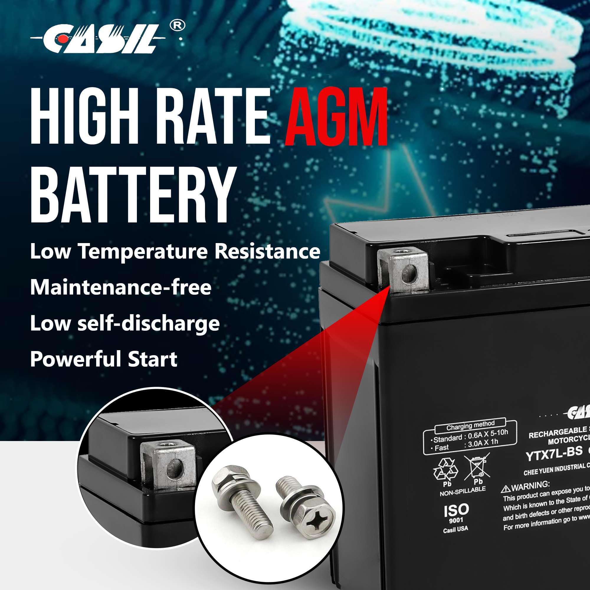 Casil YTX7L-BS 12V 7Ah battery stacking image, compact dimensions