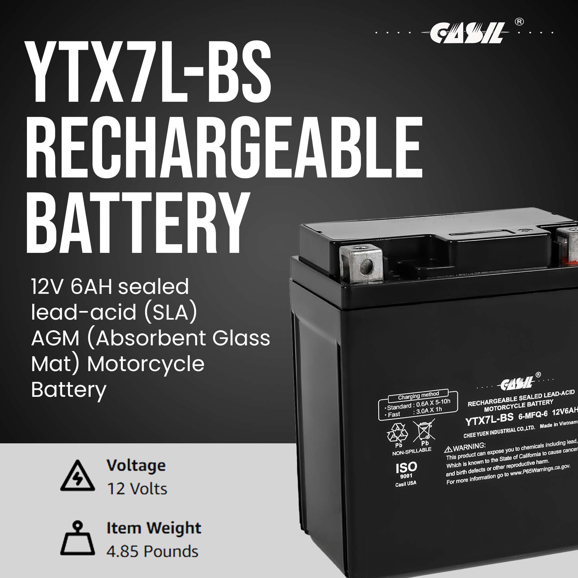 Casil YTX7L-BS 12V 7Ah battery top label, quick compatibility reference for installation