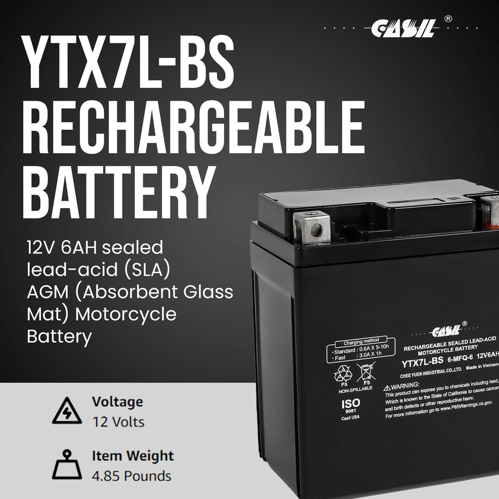 Casil YTX7L-BS 12V 7Ah battery top label, quick compatibility reference for installation