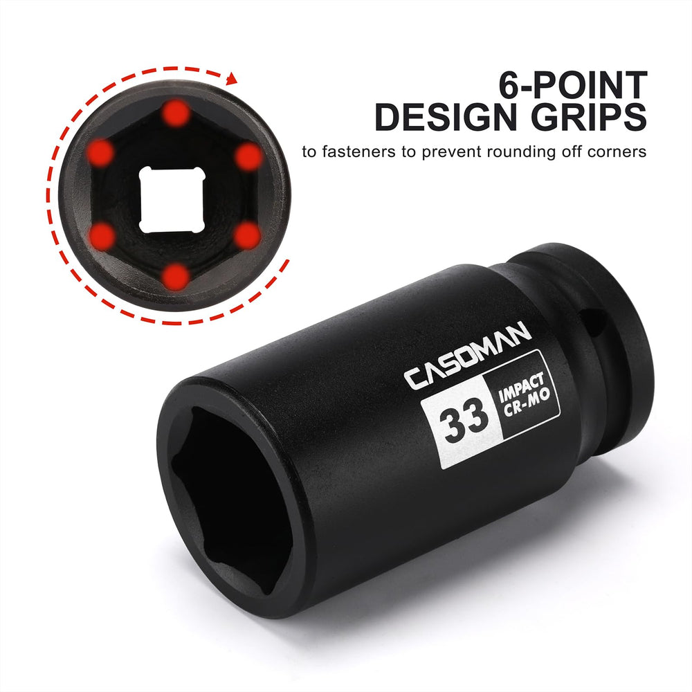 Close-up of CASOMAN 34-drive 33mm axle-nut socket showing durable CR-MO steel.