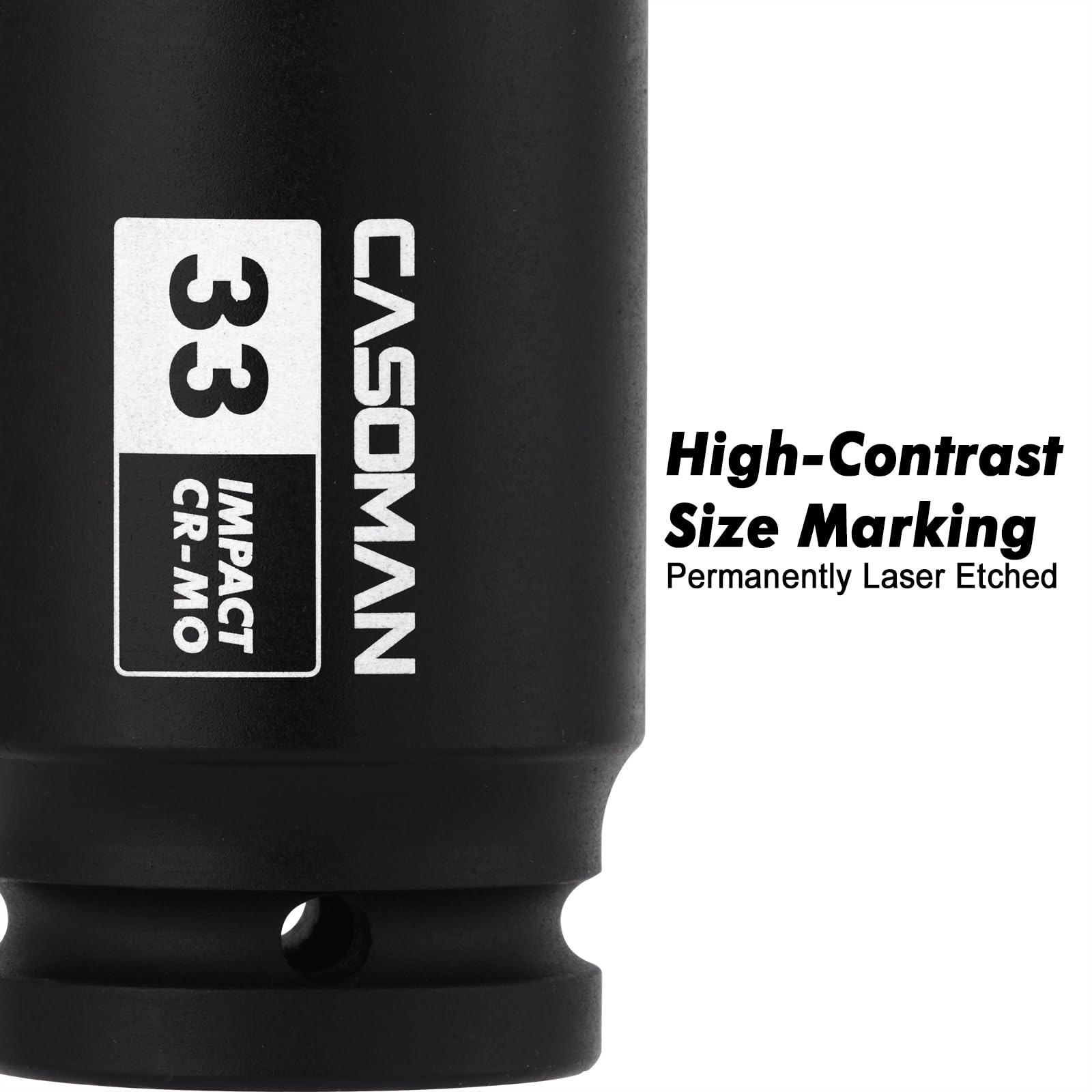 6-point CASOMAN socket grips flat sides for secure torque transfer.