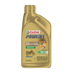 Castrol Power 1 Racing 4T oil bottle close-up for high-performance engine lubrication.