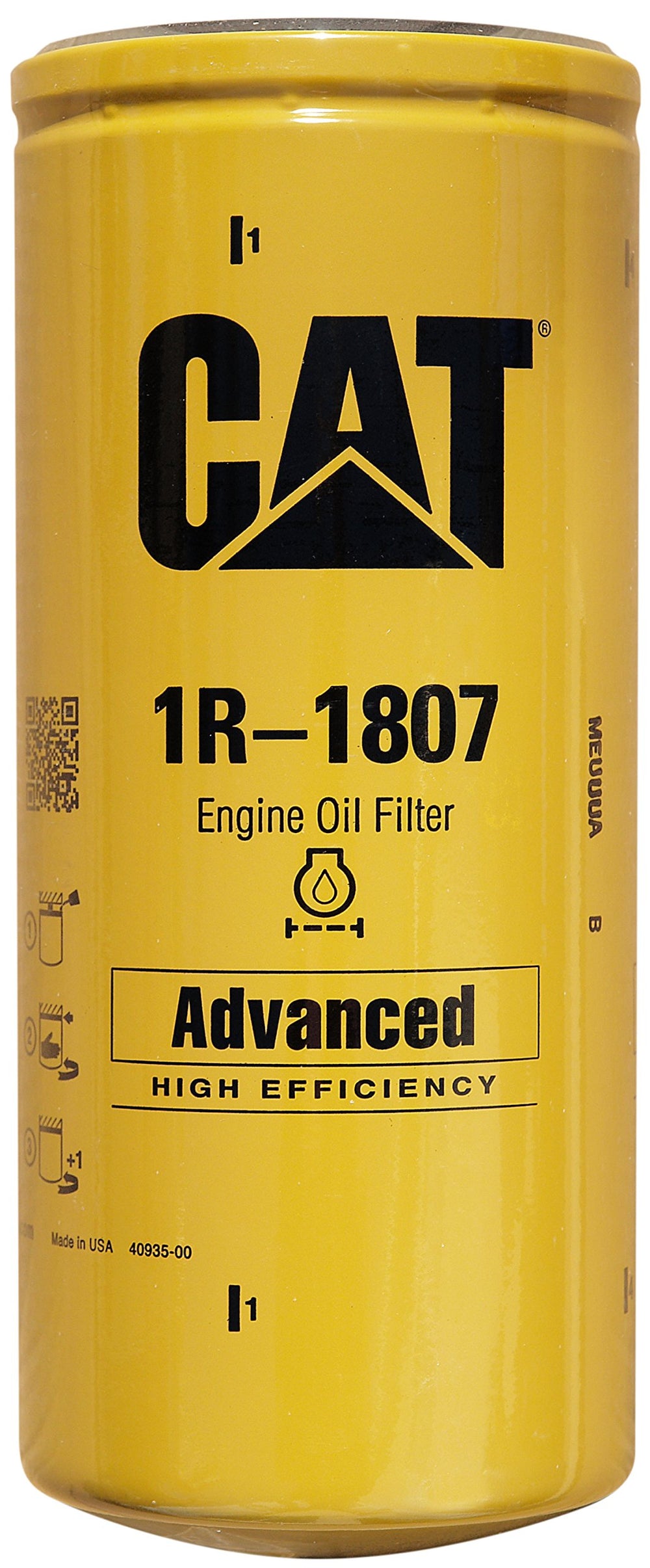 CAT 1R1807 engine oil filter product photo highlighting compact cylindrical design