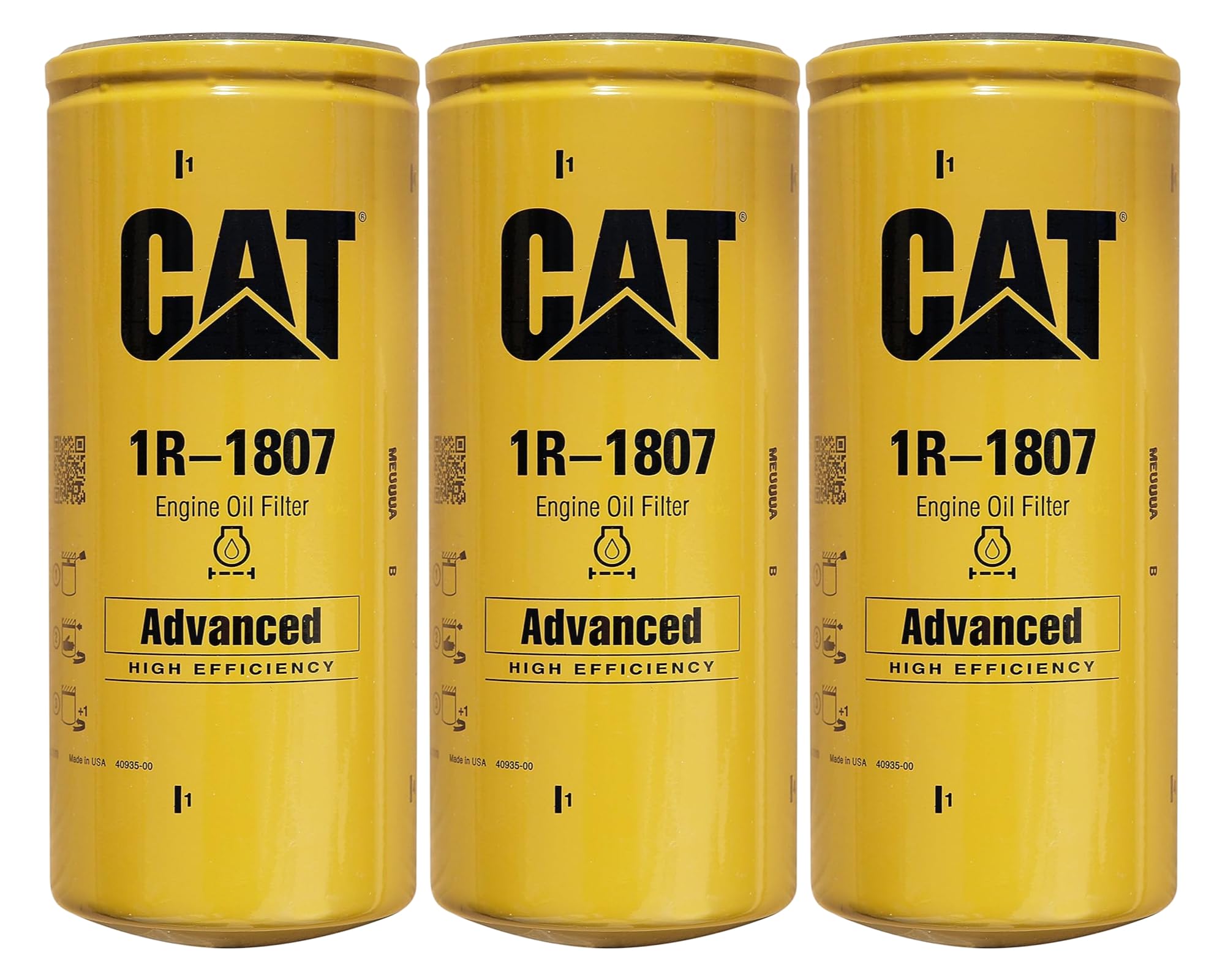 CAT 1R1807 oil filter close-up highlighting genuine fit and filtration quality.