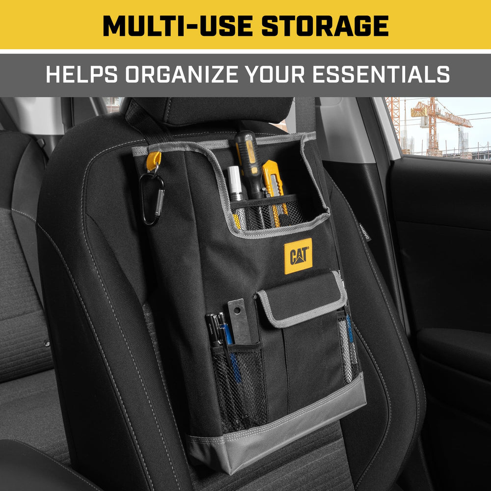 Durable CAT car seat organizer designed for rugged daily use.