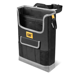 CAT car seat organizer attached to front seat with accessible pockets.