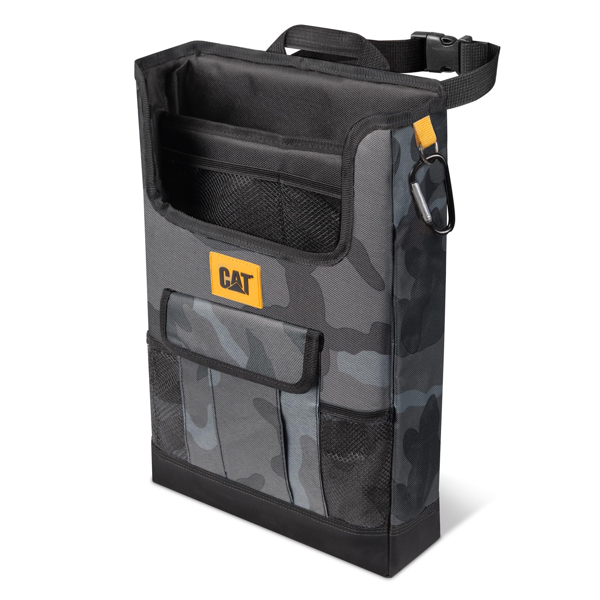 CAT Car Seat Organizer attached to front seat keeps travel essentials within easy reach