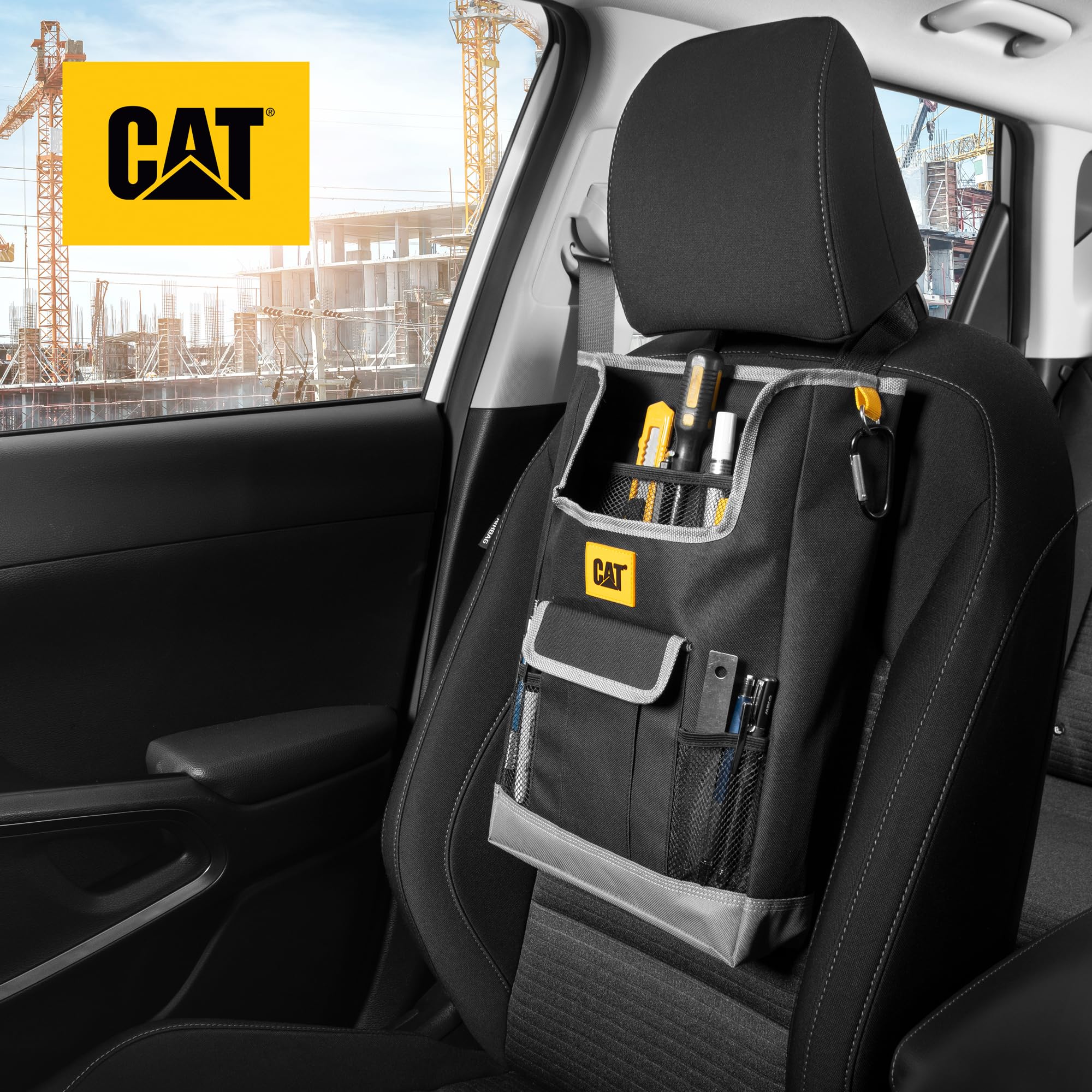 CAT car seat organizer open view highlighting multi-pocket layout for essentials on the go.