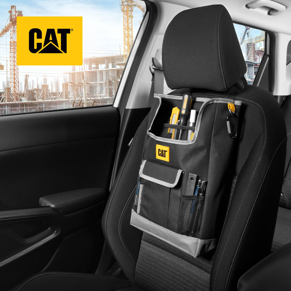 CAT car seat organizer open view highlighting multi-pocket layout for essentials on the go.