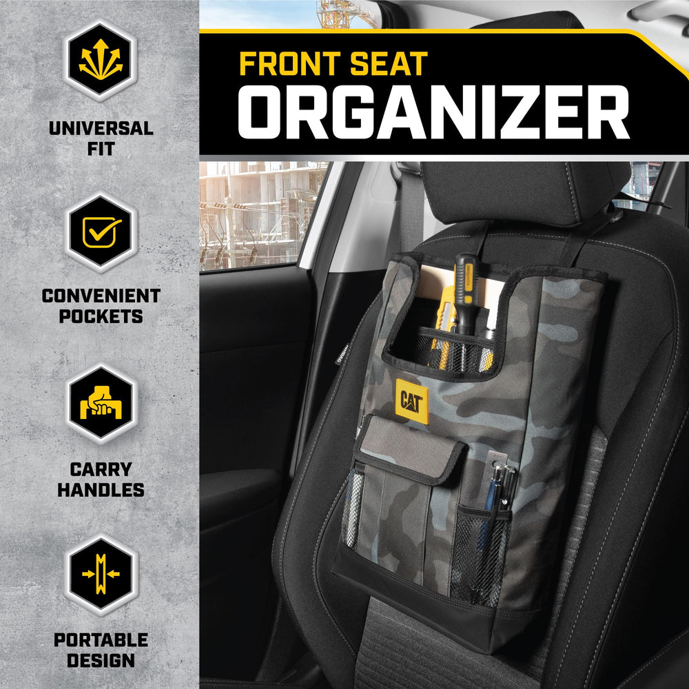 CAT Car Seat Organizer open pockets show snacks, documents, and gadgets organized