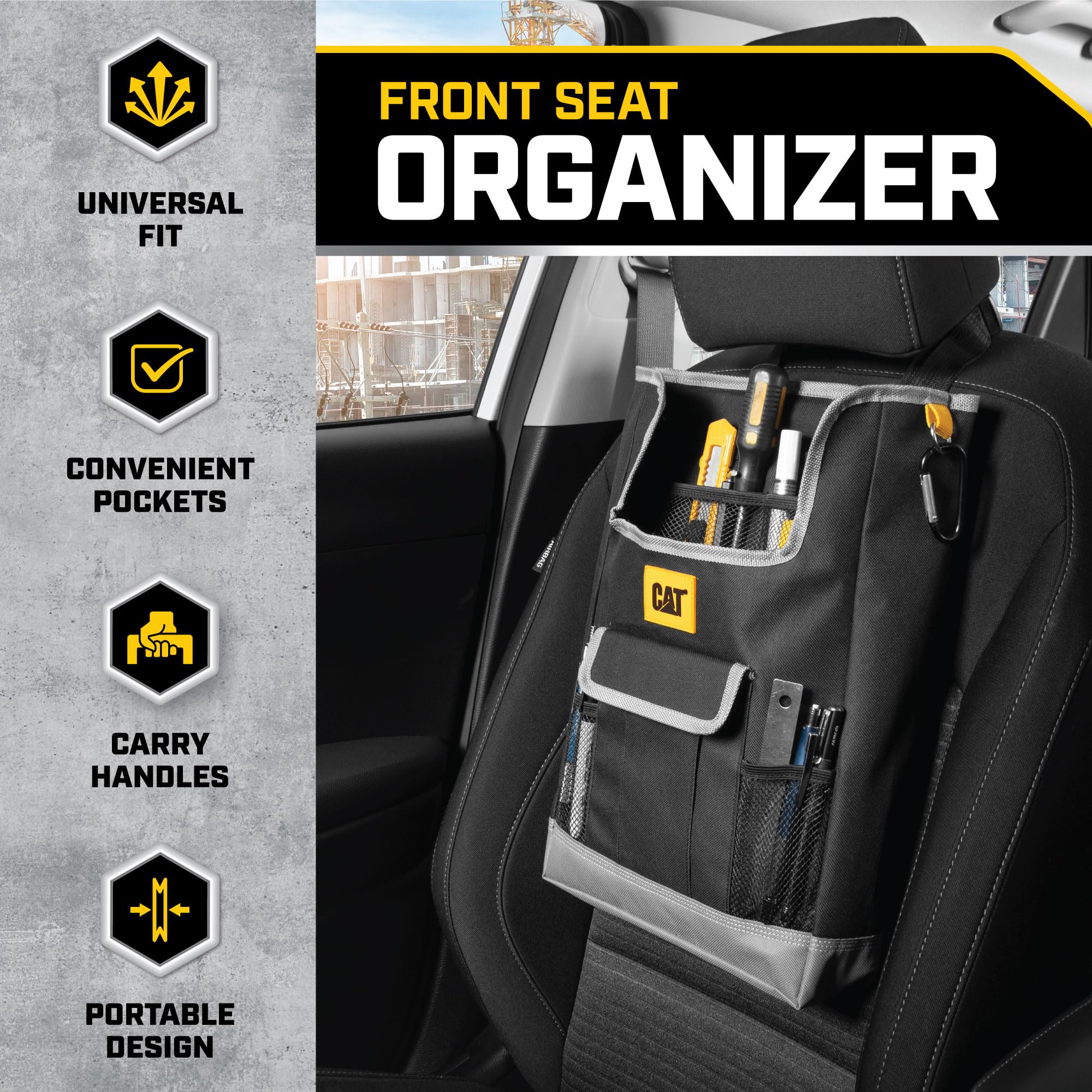 CAT car seat organizer secured to rear seat with adjustable straps.