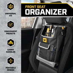 CAT car seat organizer secured to rear seat with adjustable straps.