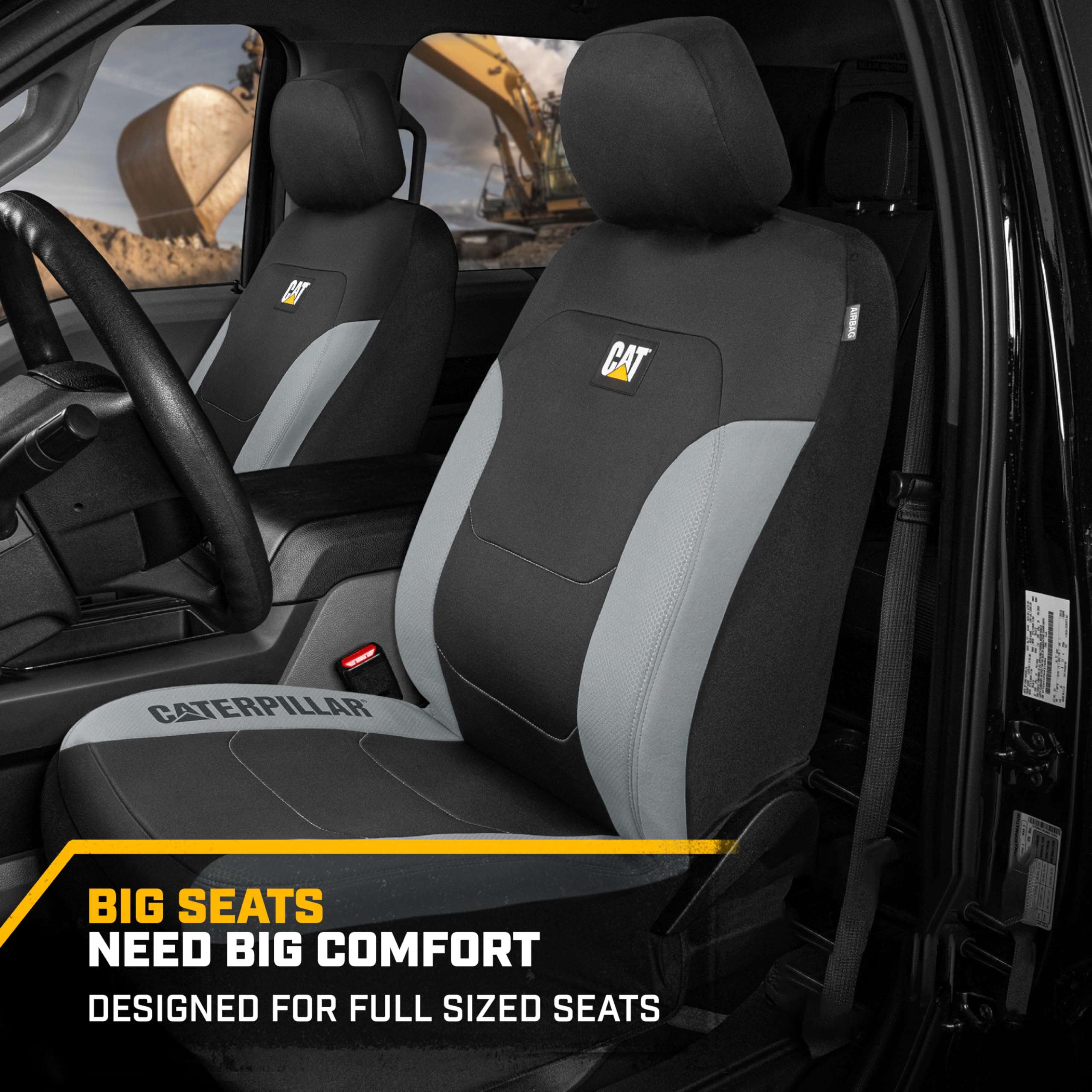 CAT Caterpillar MeshFlex front seat cover close-up stitching confirms secure fit.