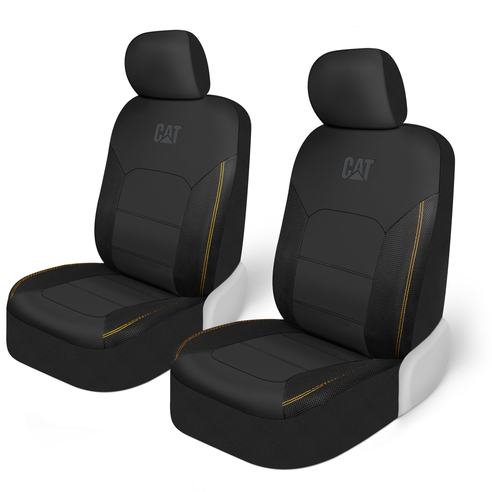 CAT FlexHybrid seat covers front view with black PU leather and mesh for breathability