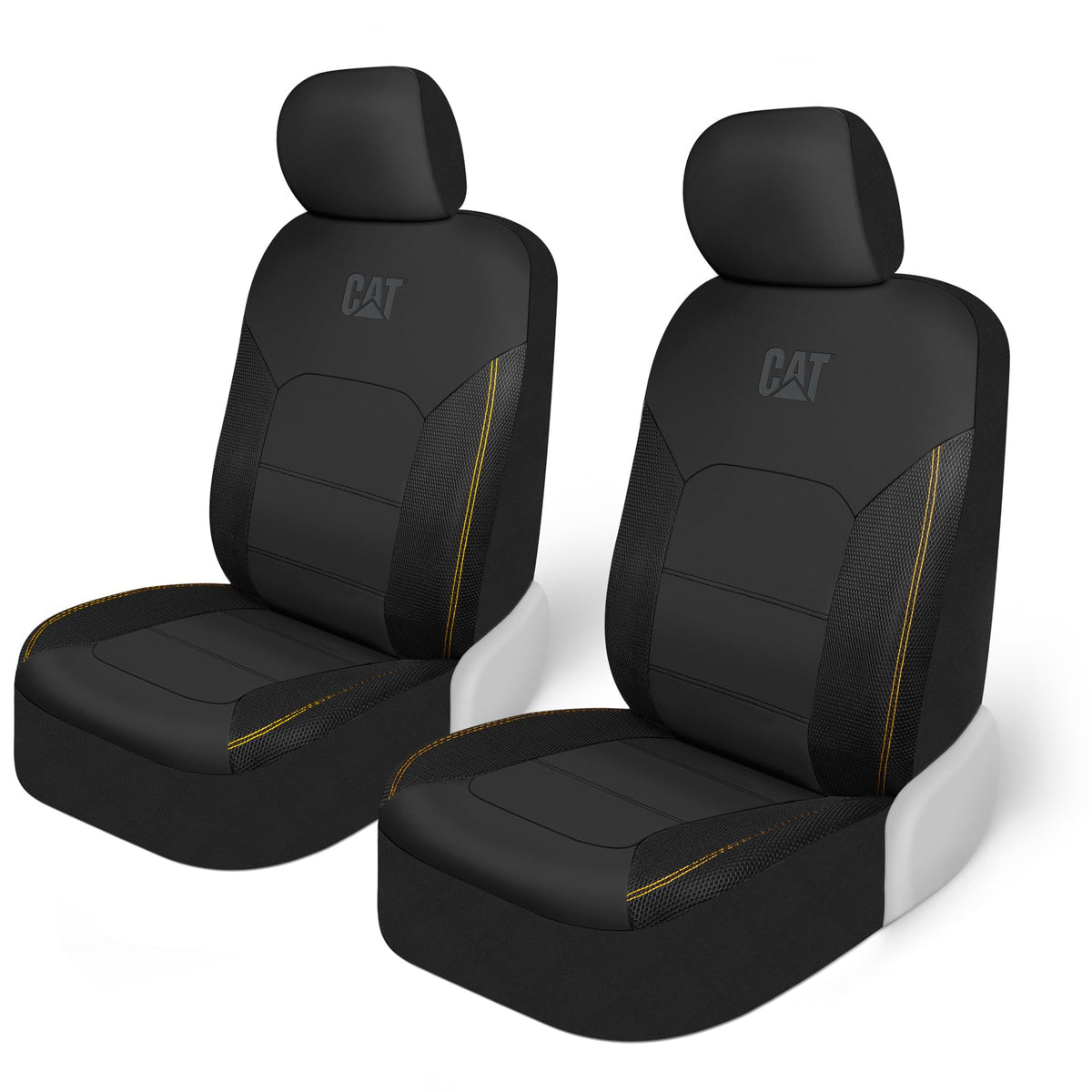 CAT FlexHybrid seat covers front view with black PU leather and mesh for breathability