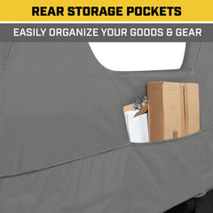 CAT front bench seat cover with convenient utility pockets.
