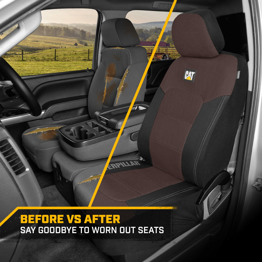 Durable poly-cotton CAT seat covers protect against spills and wear in busy vehicles