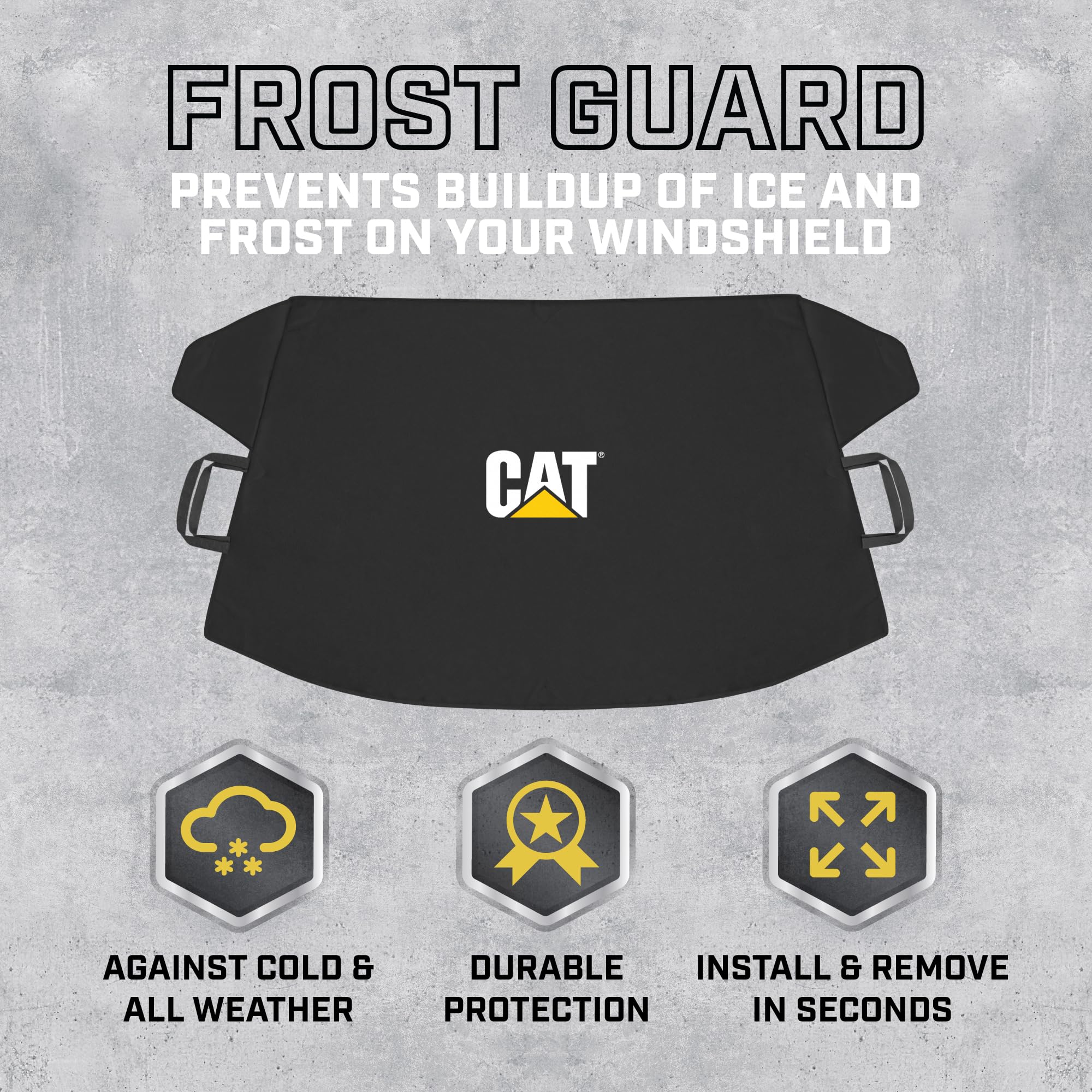 CAT windshield snow cover with side flaps tucked in for outdoor security.