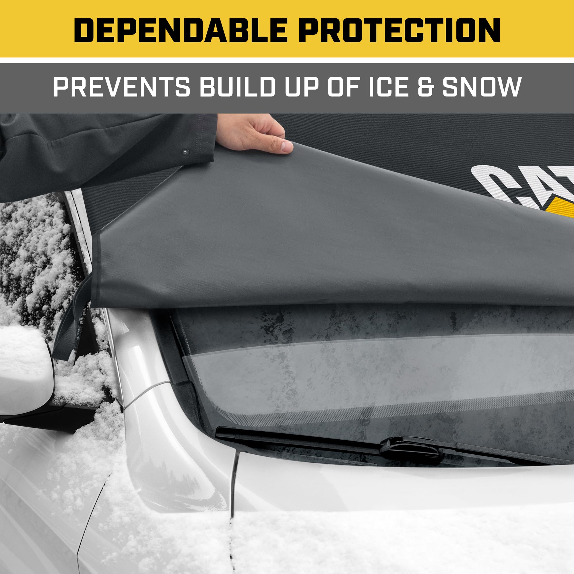 CAT windshield snow cover demonstrates universal fit across vehicles.