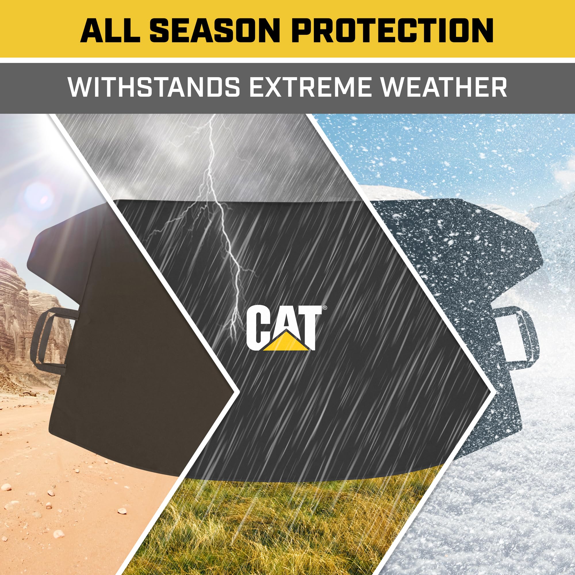 CAT windshield snow cover shown on varied vehicles indicating wide compatibility.