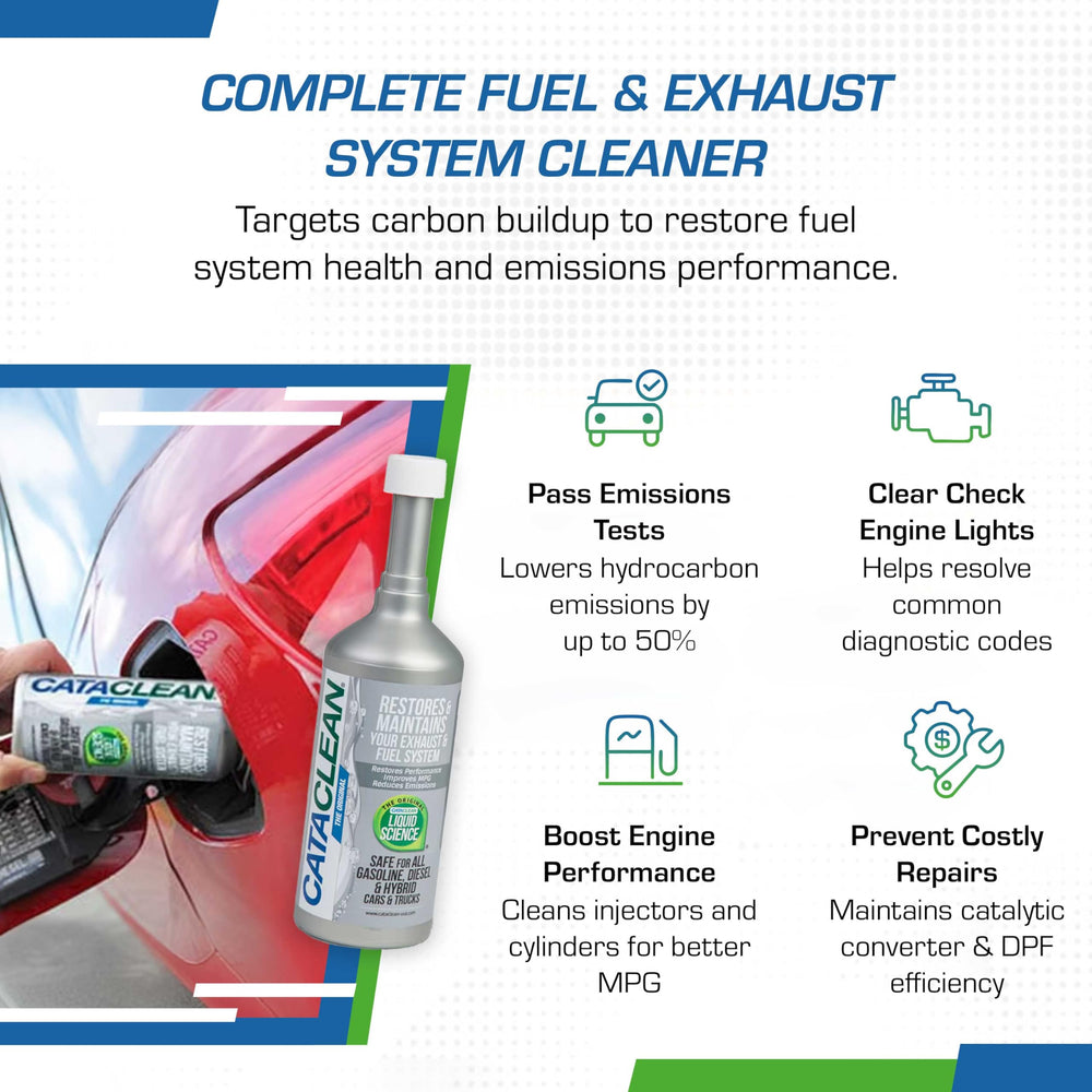 Cataclean bottle being poured into a fuel tank for easy application.
