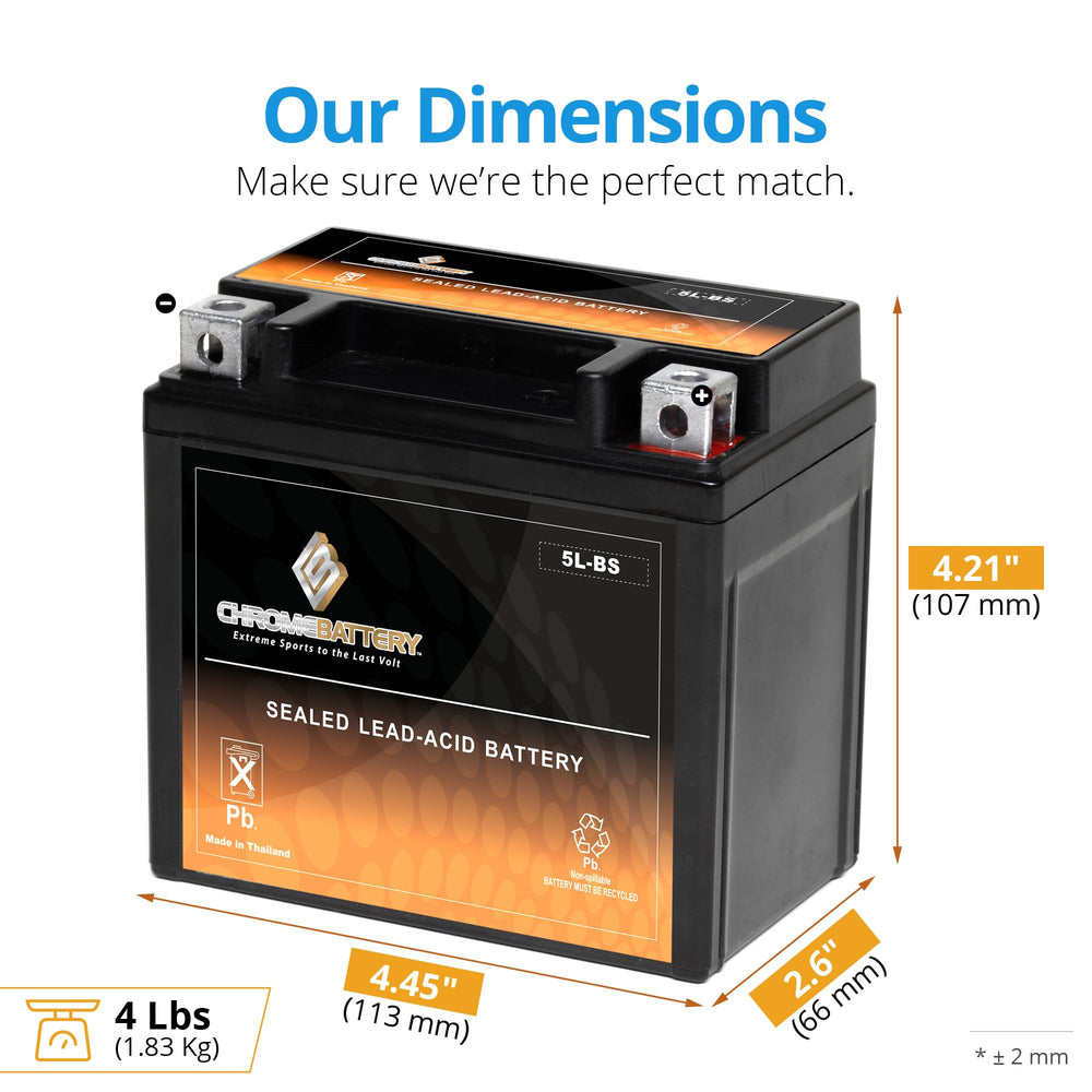 CB CHROMEBATTERY 5L-BS dimensions indicate a compact footprint for ATVs and bikes.