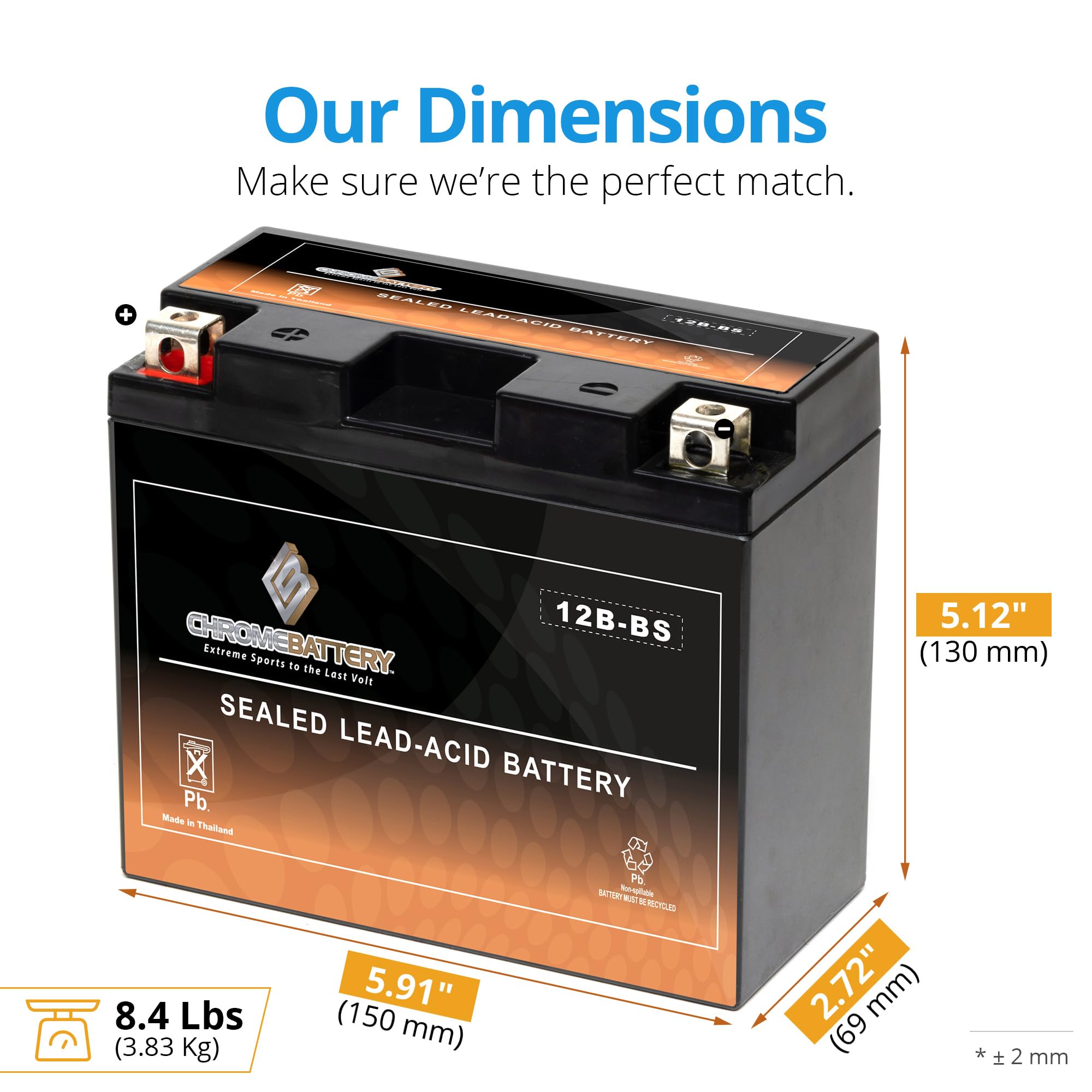 CB CHROMEBATTERY YTX12B-BS top-label close-up highlights compact, spill-resistant design.