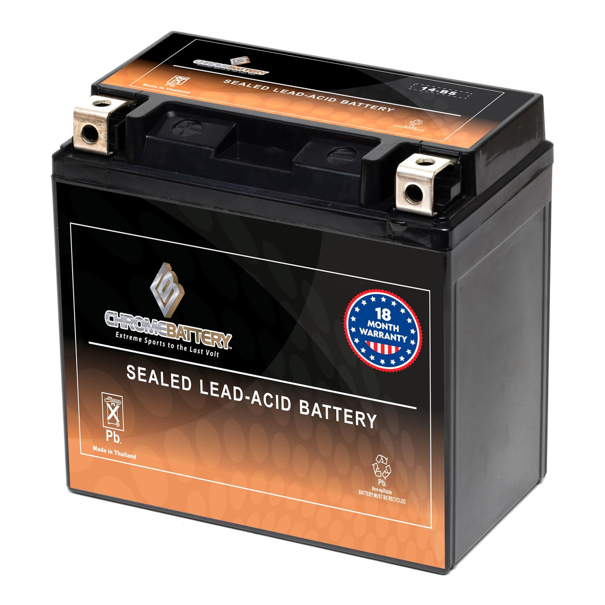 CB CHROMEBATTERY YTX14-BS front view of AGM battery for easy ATV installation