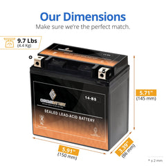 CB CHROMEBATTERY YTX14-BS side view showing sealed, spill-free case